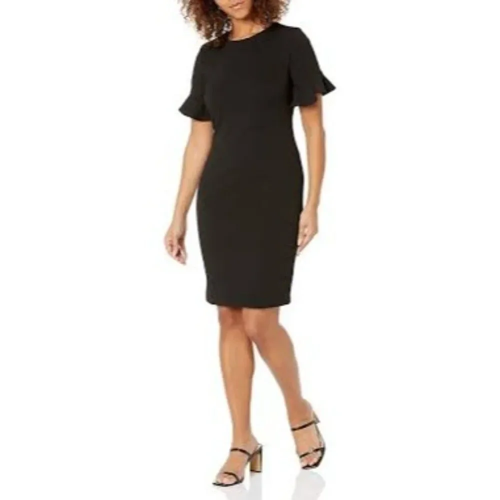 Calvin Klein Women’s Black Ruffle Short Sleeve Knit Sheath Dress Size 10
